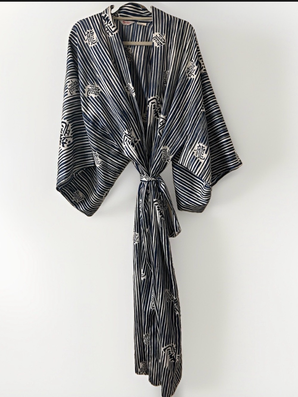 Marukyo Japanese Kimono Robe Yukata Blue Stripe Kanji Full Length Large XLarge